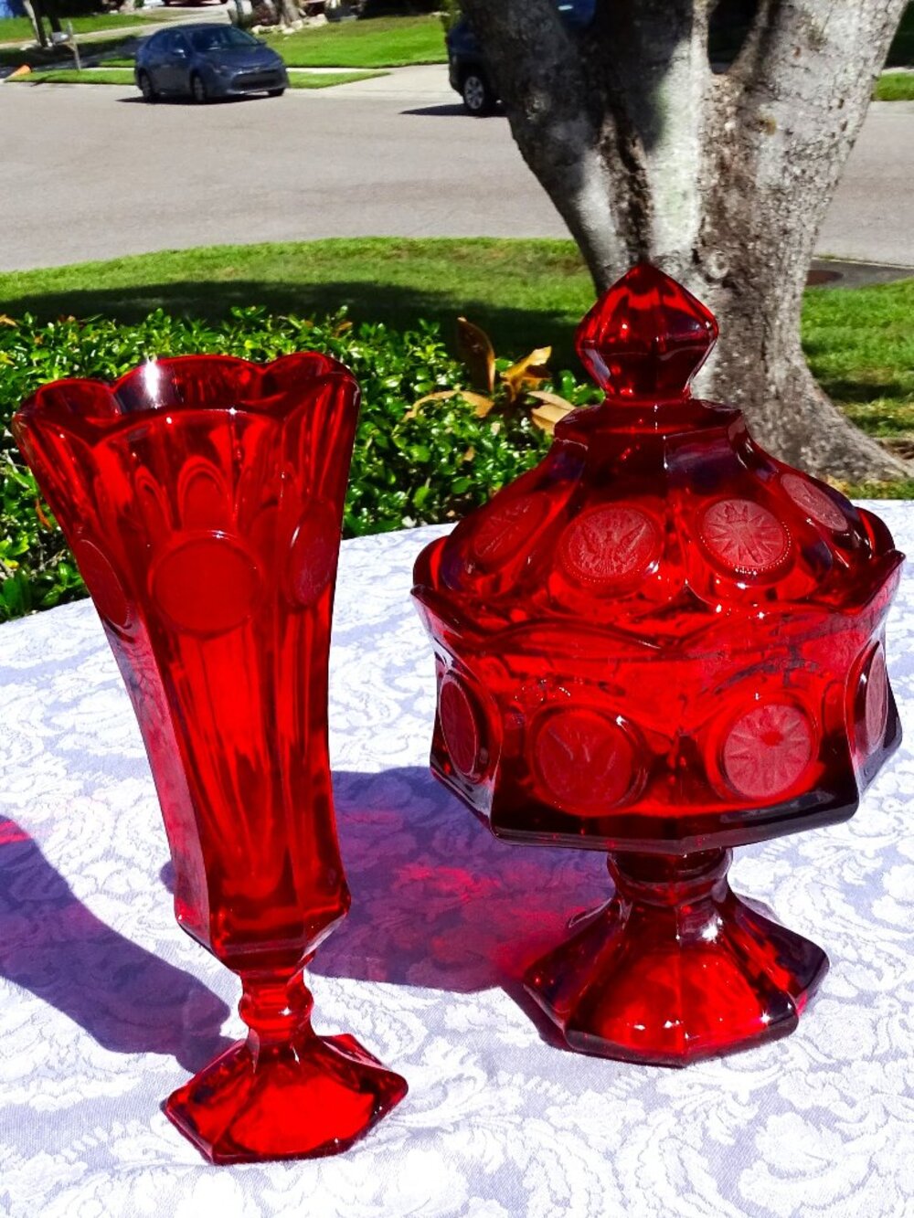 VINTAGE FOSTORIA Coin Red Vase with Red Covered Candy Dish